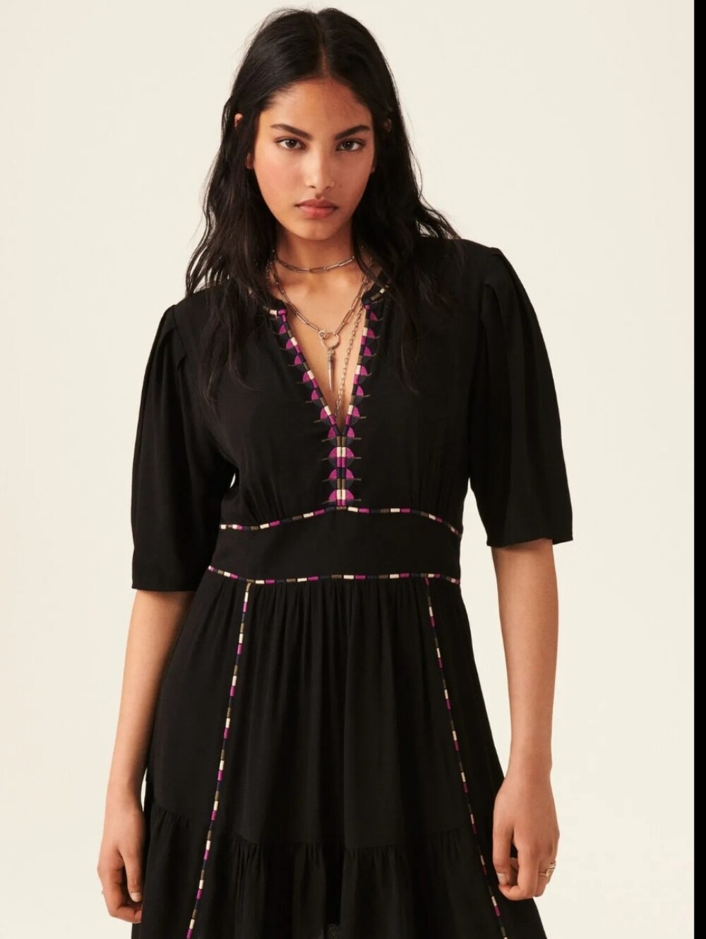 Ba&sh Teresa Black With Purple Embroidery Midi Dress - Size 2